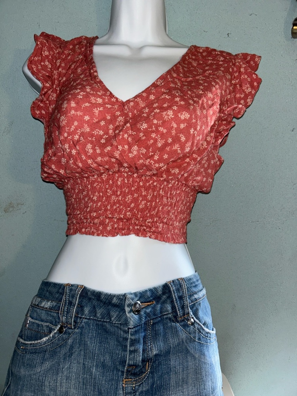 J. Crew Rust Floral Smocked Crop Top with Flutter Sleeves